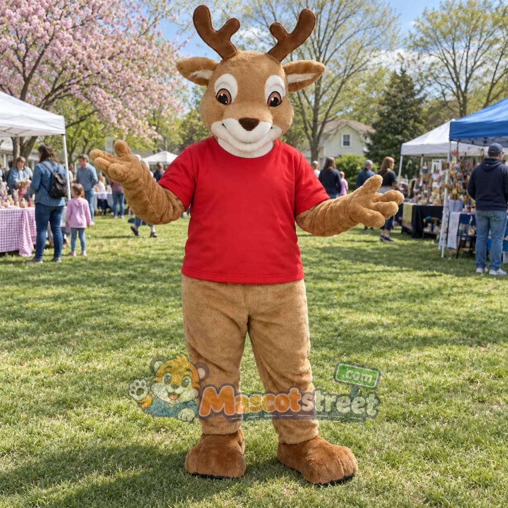 Brown Deer Mascot Costume with Red Shirt and Tan Trousers Brown Deer Mascot Costume with Red Shirt and Tan Trousers