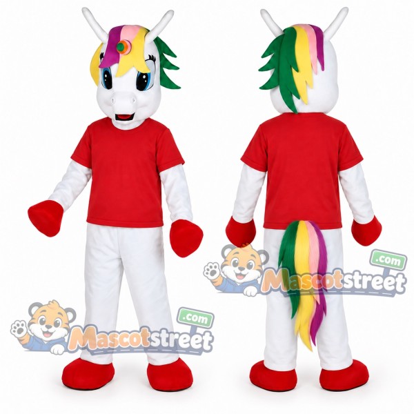 White Unicorn Mascot Costume with Red Shirt