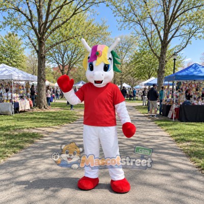 White Unicorn Mascot Costume with Red Shirt