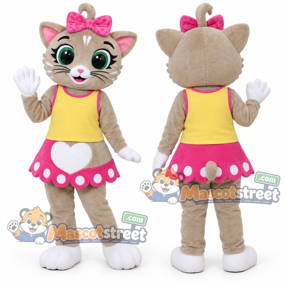 Gray Cat Mascot Costume with Yellow Vest, Pink Polka Dot Skirt and Pink Bow Gray Cat Mascot Costume with Yellow Vest, Pink Polka Dot Skirt and Pink Bow