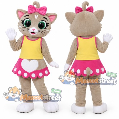 Gray Cat Mascot Costume with Yellow Vest, Pink Polka Dot Skirt and Pink Bow Gray Cat Mascot Costume with Yellow Vest, Pink Polka Dot Skirt and Pink Bow
