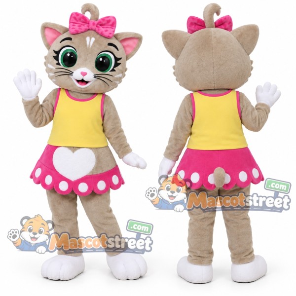 Gray Cat Mascot Costume with Yellow Vest, Pink Polka Dot Skirt and Pink Bow