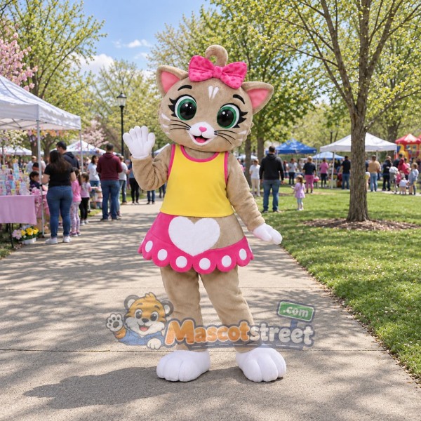 Gray Cat Mascot Costume with Yellow Vest, Pink Polka Dot Skirt and Pink Bow
