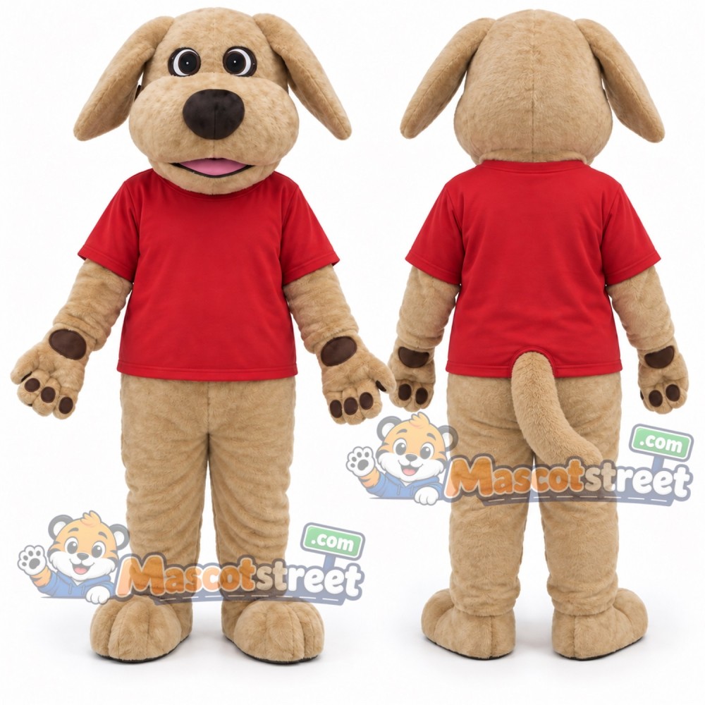Tan Dog Mascot Costume with Red Shirt Tan Dog Mascot Costume with Red Shirt