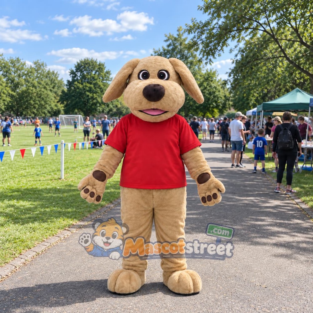 Tan Dog Mascot Costume with Red Shirt Tan Dog Mascot Costume with Red Shirt
