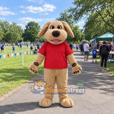 Tan Dog Mascot Costume with Red Shirt Tan Dog Mascot Costume with Red Shirt