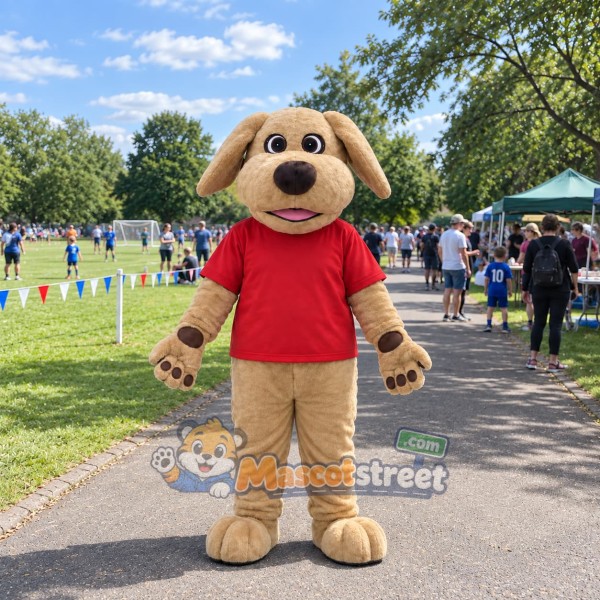 Tan Dog Mascot Costume with Red Shirt