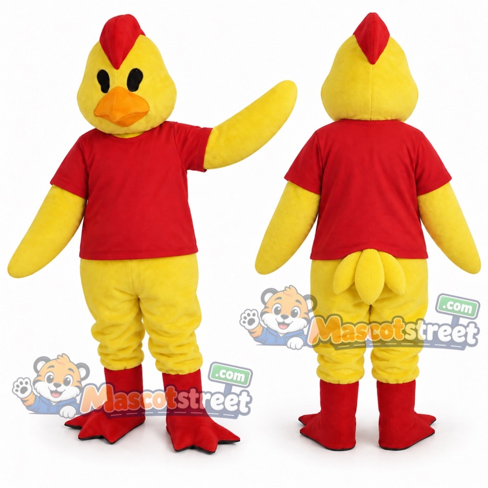 Yellow Chicken Mascot Costume with Red Shirt