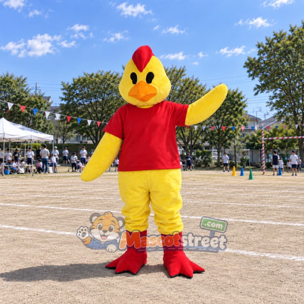 Yellow Chicken Mascot Costume with Red Shirt