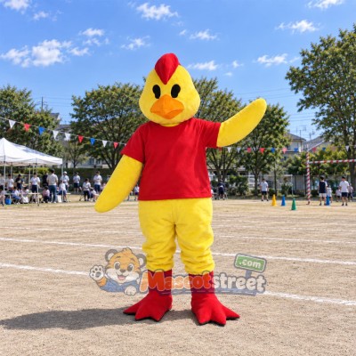 Yellow Chicken Mascot Costume with Red Shirt