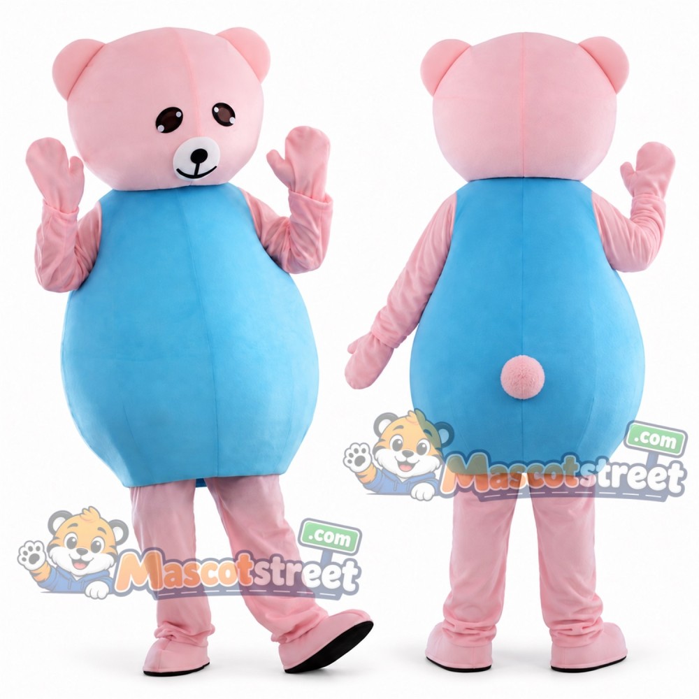 Pink Bear Mascot Costume with Blue Dress