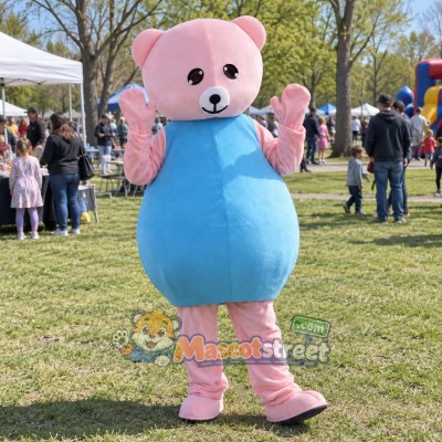 Pink Bear Mascot Costume with Blue Dress