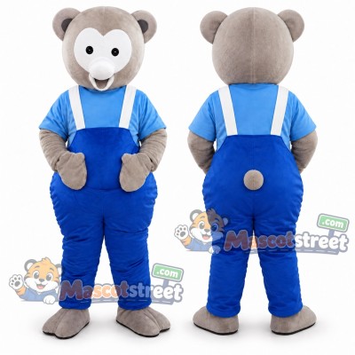Gray Bear Mascot Costume with Blue Shirt and Blue Overalls