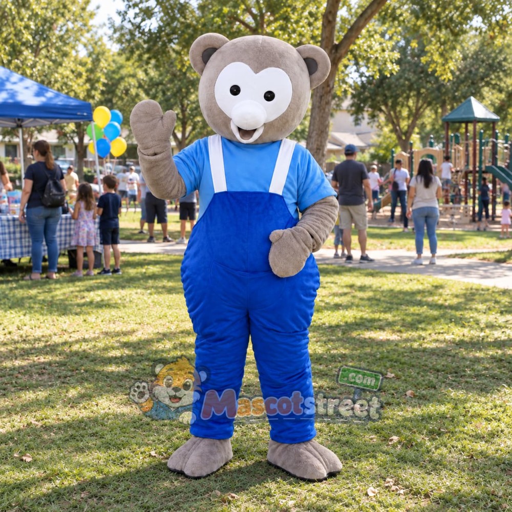 Gray Bear Mascot Costume with Blue Shirt and Blue Overalls