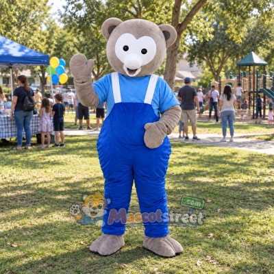 Gray Bear Mascot Costume with Blue Shirt and Blue Overalls