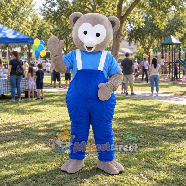 Gray Bear Mascot Costume with Blue Shirt and Blue Overalls