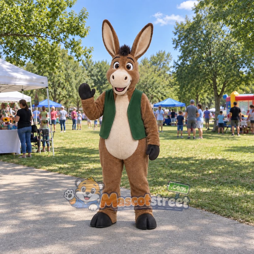 Brown Donkey Mascot Costume with Green Vest