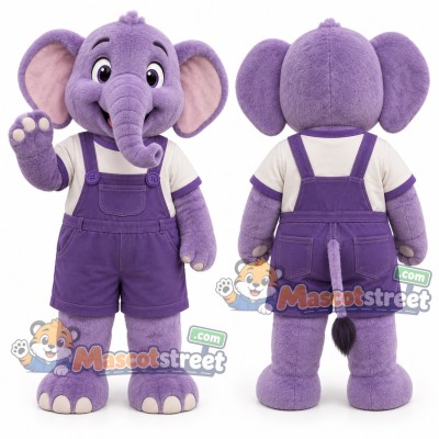 Purple Elephant Mascot Costume with Purple Overalls Purple Elephant Mascot Costume with Purple Overalls