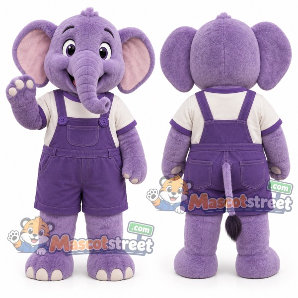 Purple Elephant Mascot Costume with Purple Overalls