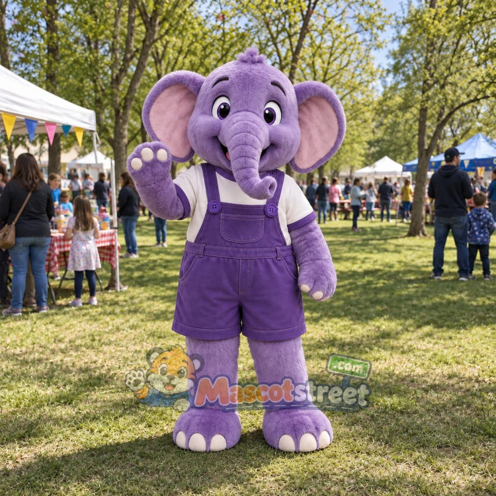 Purple Elephant Mascot Costume with Purple Overalls Purple Elephant Mascot Costume with Purple Overalls