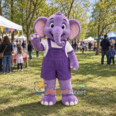 Purple Elephant Mascot Costume with Purple Overalls Purple Elephant Mascot Costume with Purple Overalls
