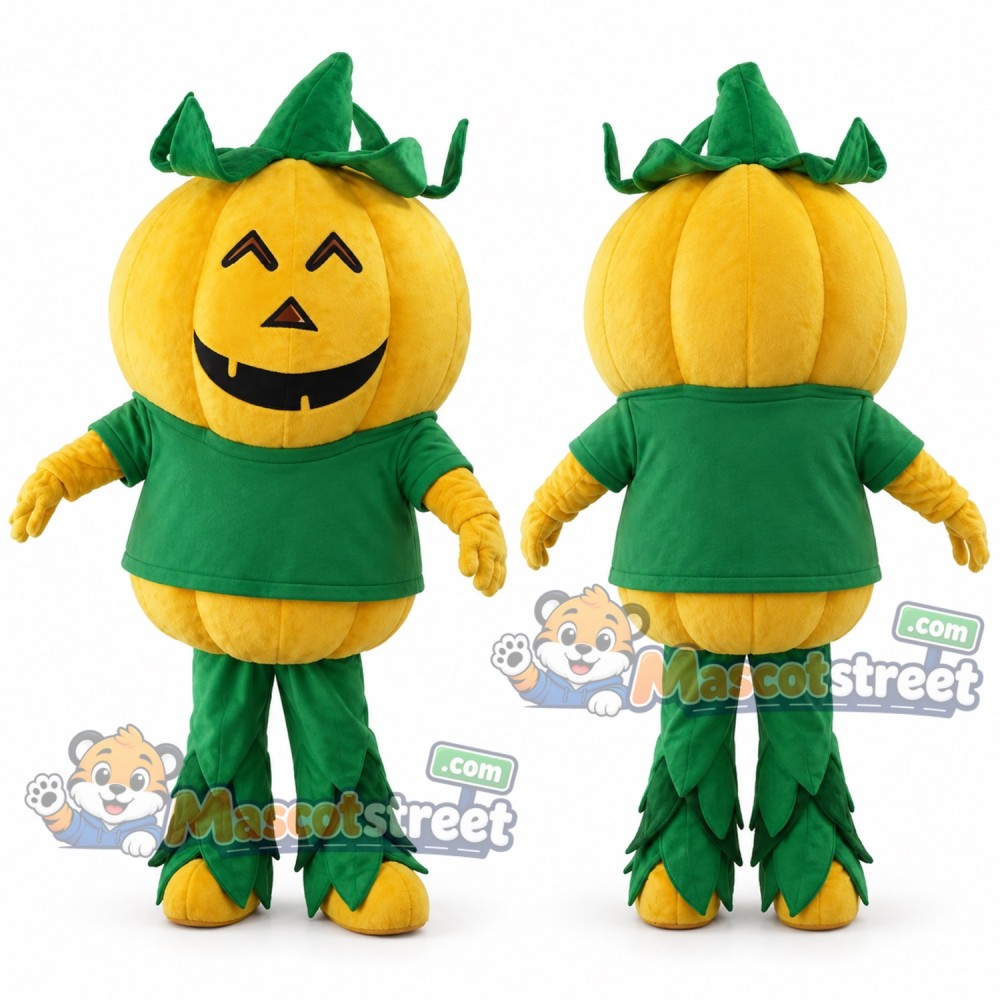 Yellow Pumpkin Mascot Costume with Green Shirt