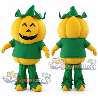 Yellow Pumpkin Mascot Costume with Green Shirt