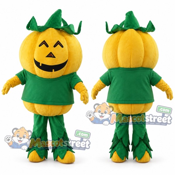 Yellow Pumpkin Mascot Costume with Green Shirt