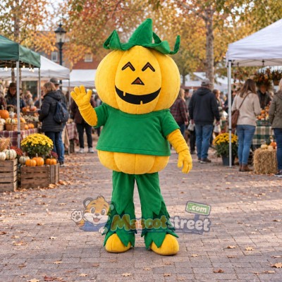 Yellow Pumpkin Mascot Costume with Green Shirt