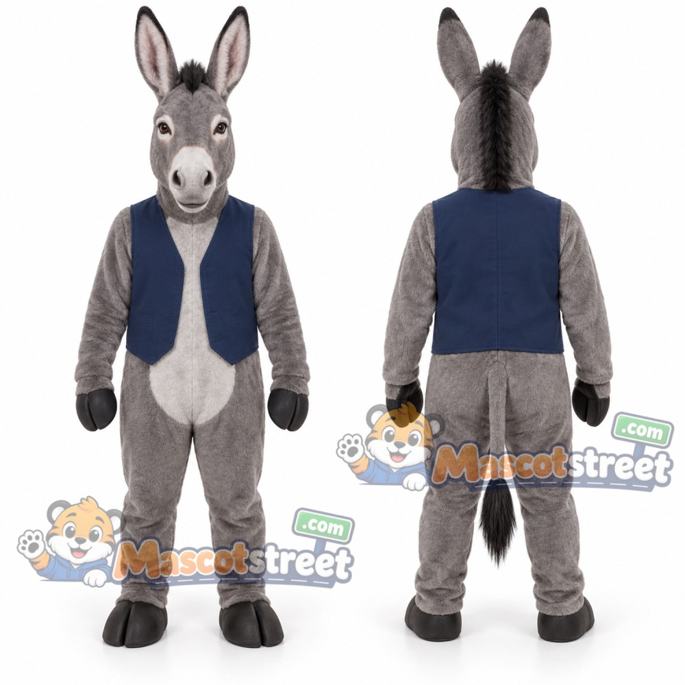 Gray Donkey Mascot Costume with Navy Vest Gray Donkey Mascot Costume with Navy Vest