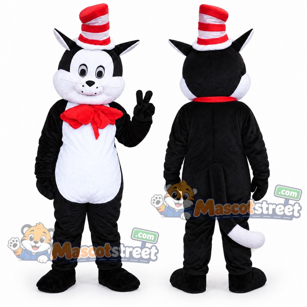 Black and White Cat Mascot Costume with Red Bow Tie and Striped Hat Black and White Cat Mascot Costume with Red Bow Tie and Striped Hat