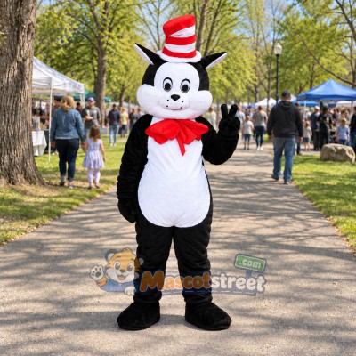 Black and White Cat Mascot Costume with Red Bow Tie and Striped Hat Black and White Cat Mascot Costume with Red Bow Tie and Striped Hat