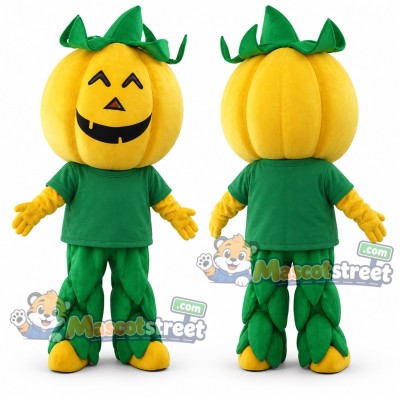 Yellow Pumpkin Mascot Costume with Green Shirt Yellow Pumpkin Mascot Costume with Green Shirt