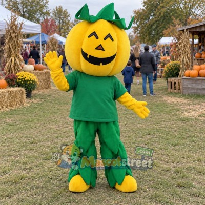 Yellow Pumpkin Mascot Costume with Green Shirt Yellow Pumpkin Mascot Costume with Green Shirt