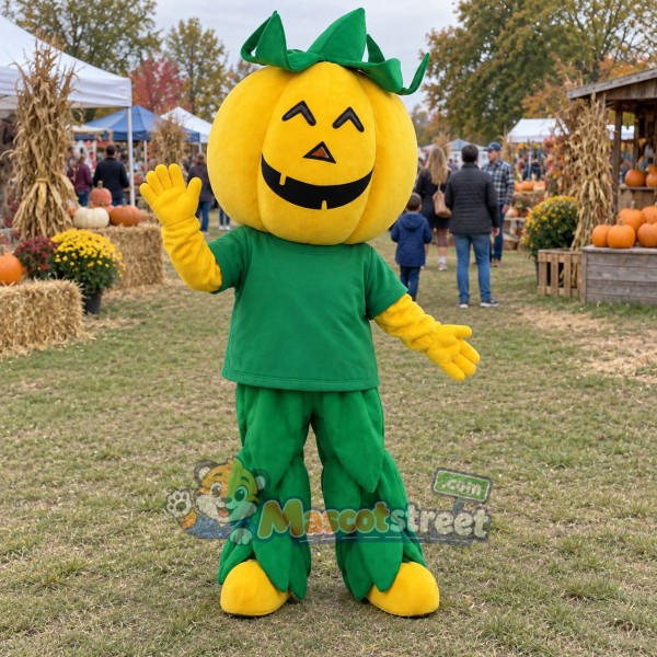 Yellow Pumpkin Mascot Costume with Green Shirt