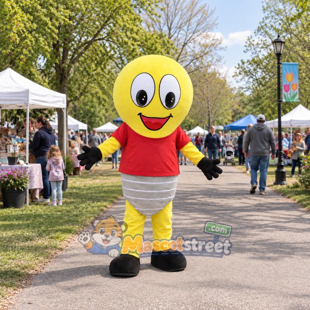 Yellow Light Bulb Mascot Costume with Red Shirt Yellow Light Bulb Mascot Costume with Red Shirt