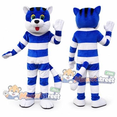 Blue Cat Mascot Costume with Blue and White Striped Suit