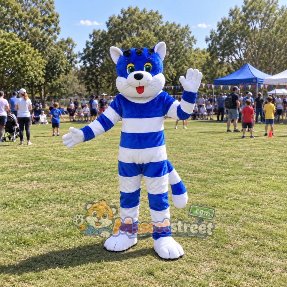 Blue Cat Mascot Costume with Blue and White Striped Suit