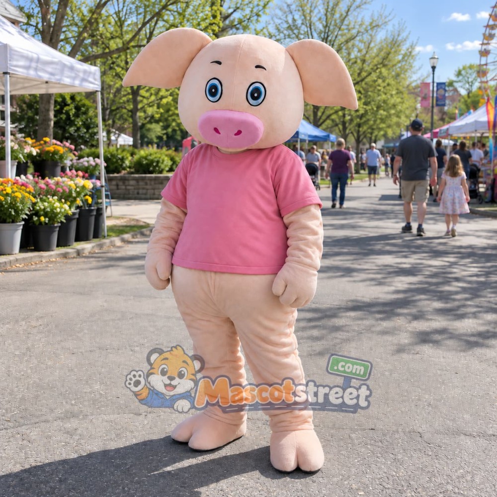 Pink Pig Mascot Costume with Pink Shirt