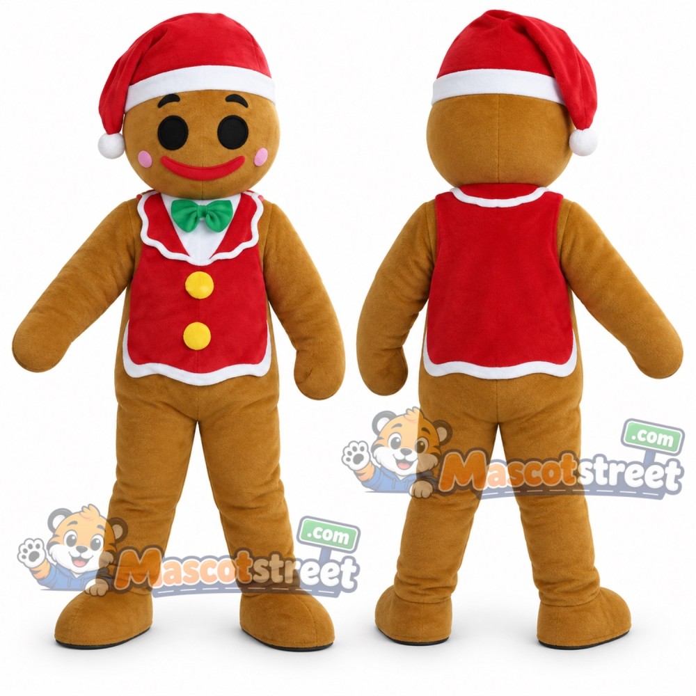 Gingerbread Person Mascot Costume with Red Vest and Santa Hat