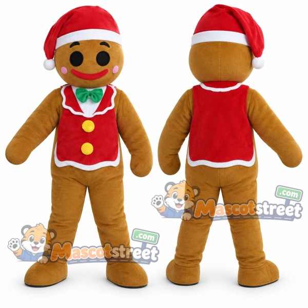 Gingerbread Person Mascot Costume with Red Vest and Santa Hat