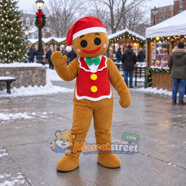 Gingerbread Person Mascot Costume with Red Vest and Santa Hat