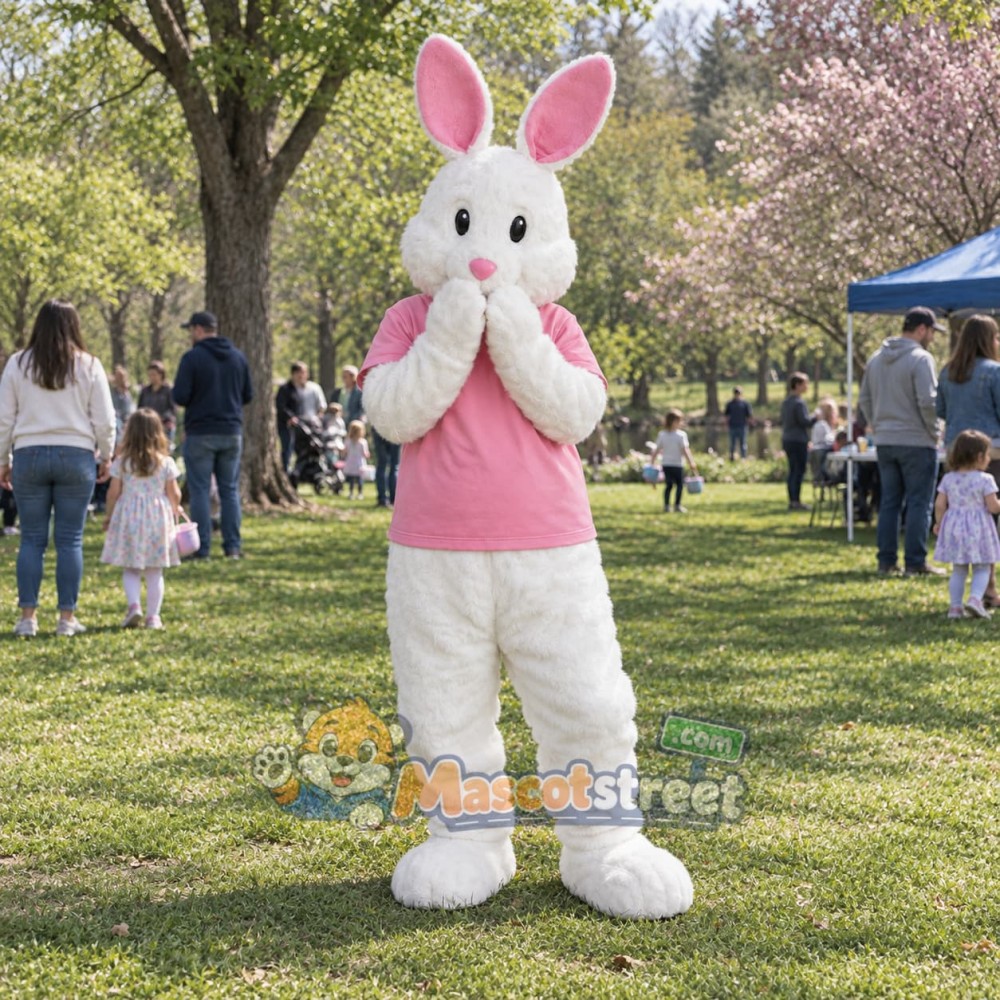 White Rabbit Mascot Costume with Pink Shirt White Rabbit Mascot Costume with Pink Shirt