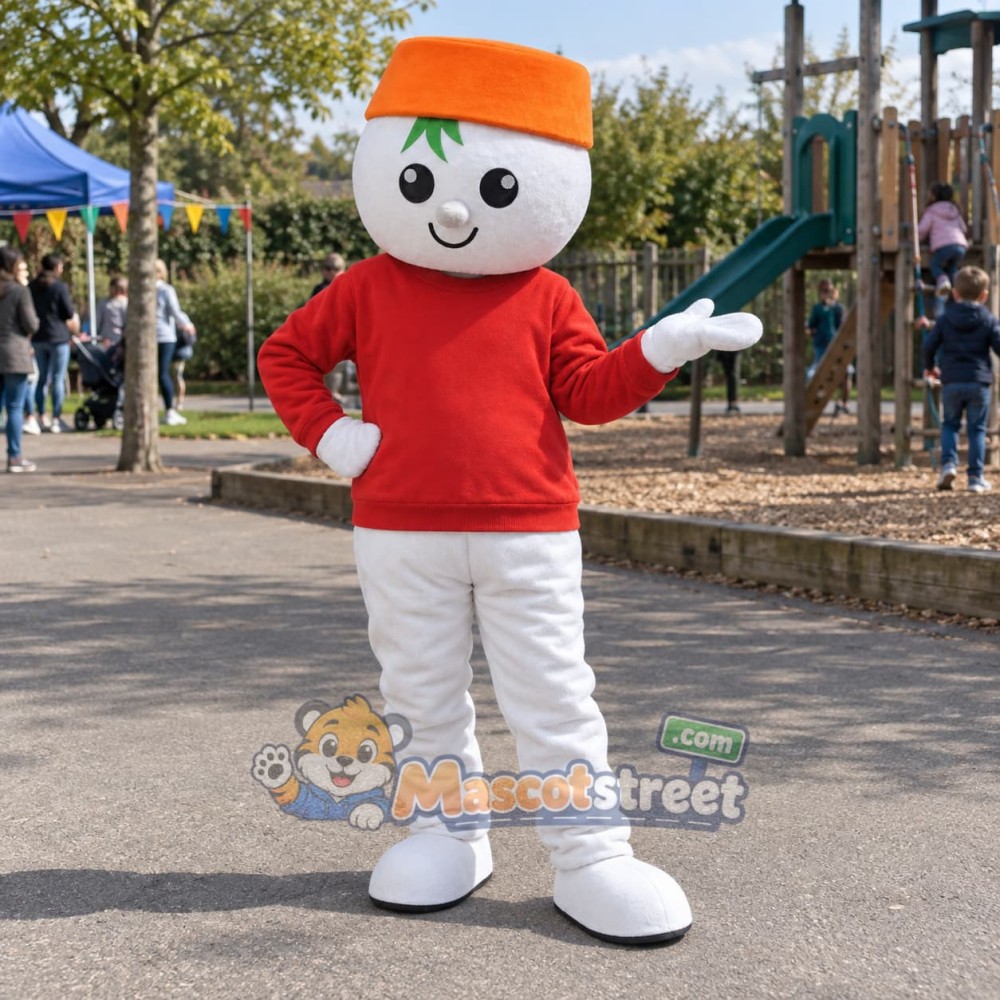 Snowman Mascot Costume with Red Shirt and Orange Cap Snowman Mascot Costume with Red Shirt and Orange Cap