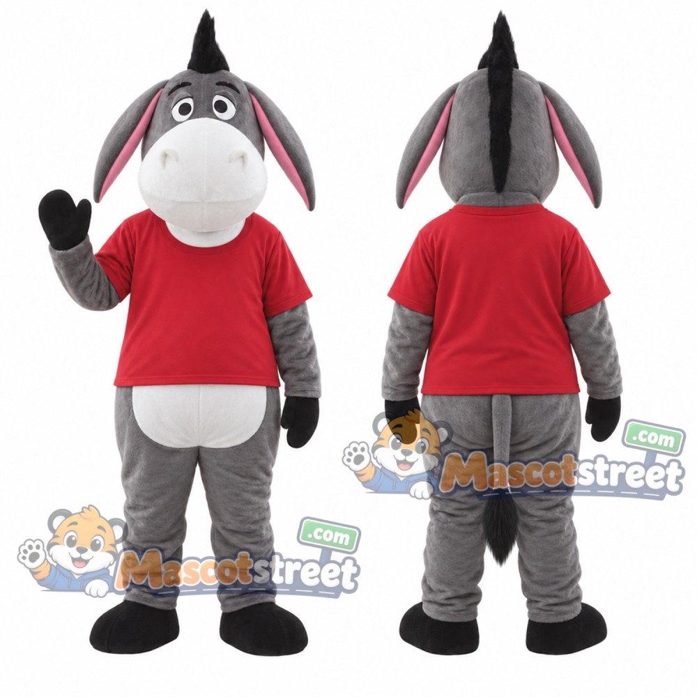 Gray Donkey Mascot Costume with Red Shirt Gray Donkey Mascot Costume with Red Shirt