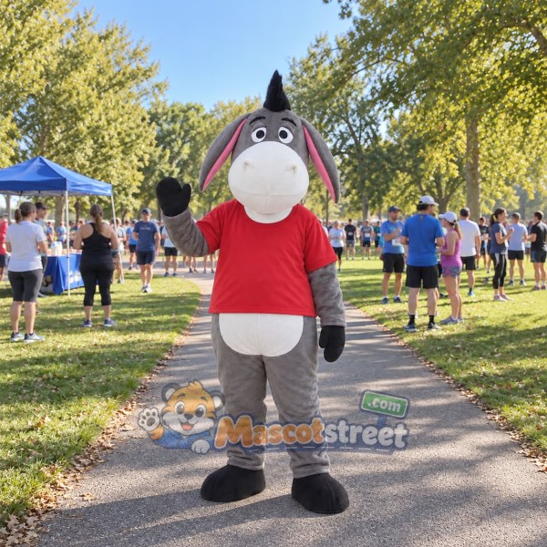 Gray Donkey Mascot Costume with Red Shirt
