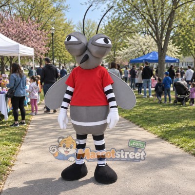 Gray Mosquito Mascot Costume with Red Shirt Gray Mosquito Mascot Costume with Red Shirt