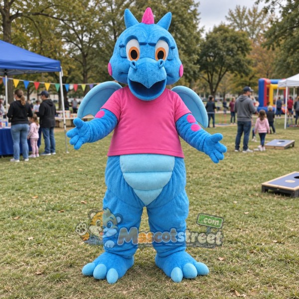 Blue Dragon Mascot Costume with Pink Shirt