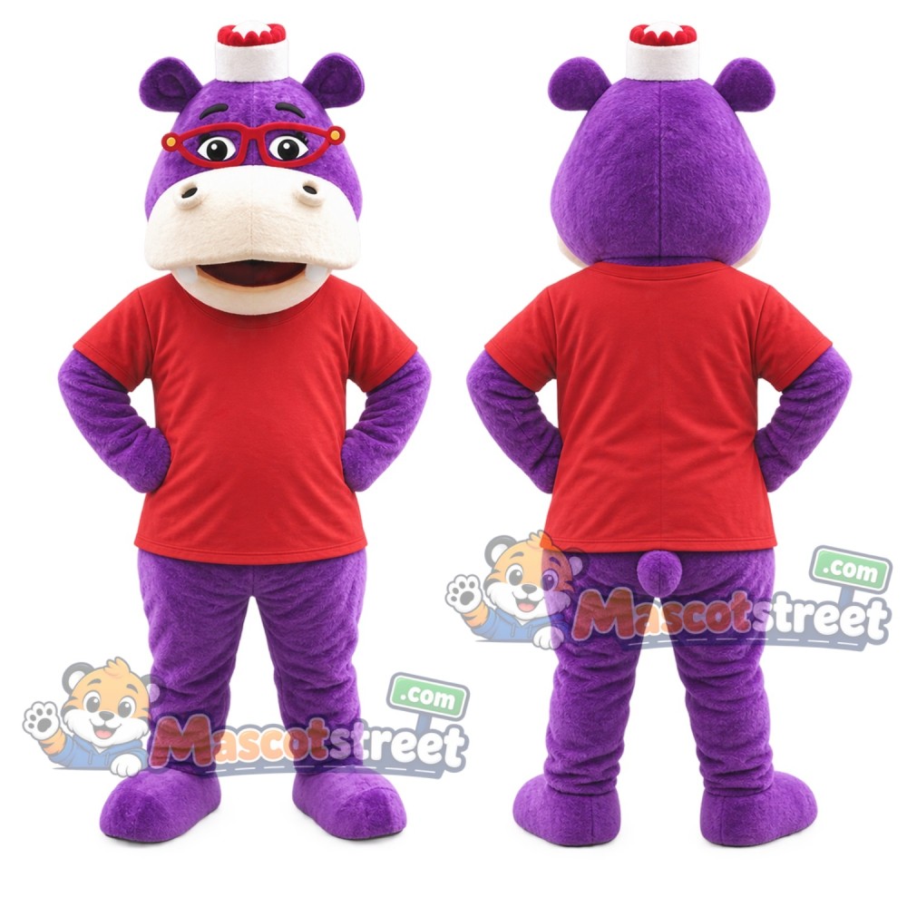 Purple Hippopotamus Mascot Costume with Red Shirt