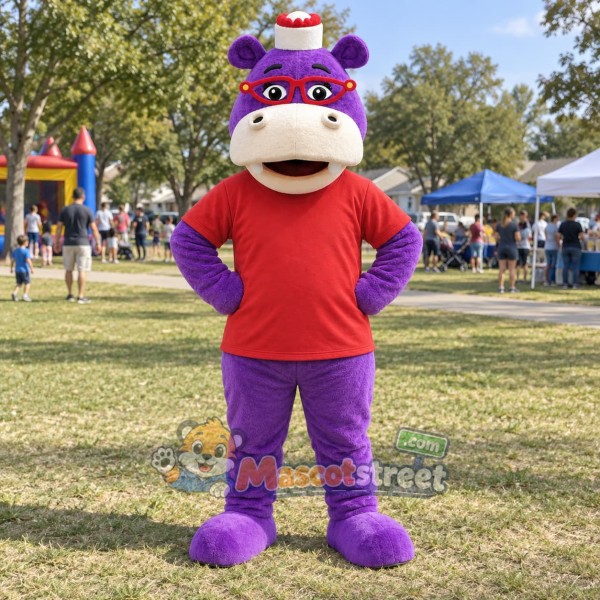 Purple Hippopotamus Mascot Costume with Red Shirt